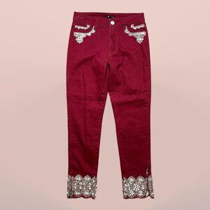 Tesoro Moda Burgundy Embellished Sequin Beaded Red Denim Jean Pants Size 2